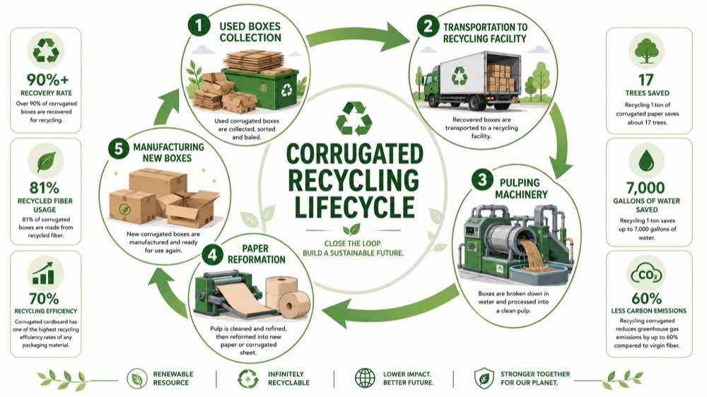 Infografikk for livssyklus for resirkulering av b&oslash;lgepapp