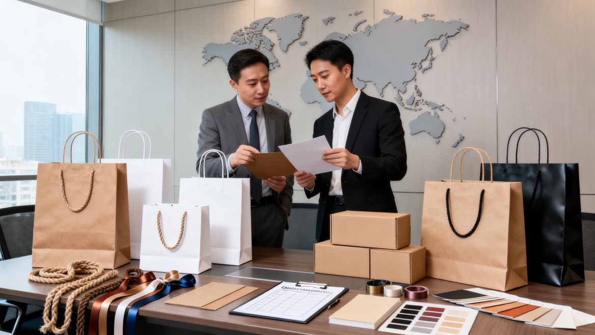 Global Buyer Reviewing Custom Paper Bag Samples Global Buyer Reviewing Custom Paper Bag Samples