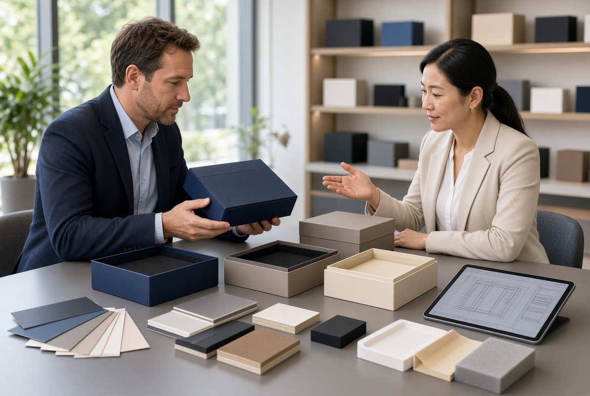 Global Buyer Inspecting Rigid Box Samples Global Buyer Inspecting Rigid Box Samples